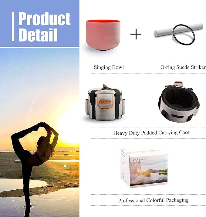 RYAN DVAN 8” C Note Red Frosted Root Chakra Crystal Singing Bowl with Free Heavy-Duty Carrying Case and Suede Striker O-Ring - Bloomnest
