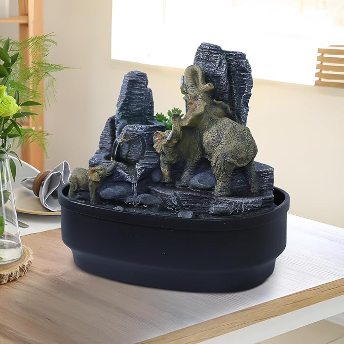 Elephant Tabletop Fountain with Cascading Rocks & LED Lights, Zen Indoor Water Feature for Living Room/Office/Bedroom, Multi-Room Home Decor and Elephant Lover Gift (10.8" H)