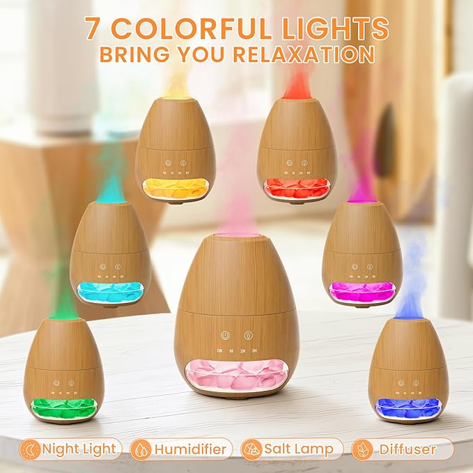Ultrasonic Essential Oil Diffuser with Himalayan Salt Rock,Flame Diffuser with 7 LED Light,100ML Small Aromatherapy Oil Diffuser with Auto Off Function for Home, Office,Spa,Wooden Grain - Bloomnest
