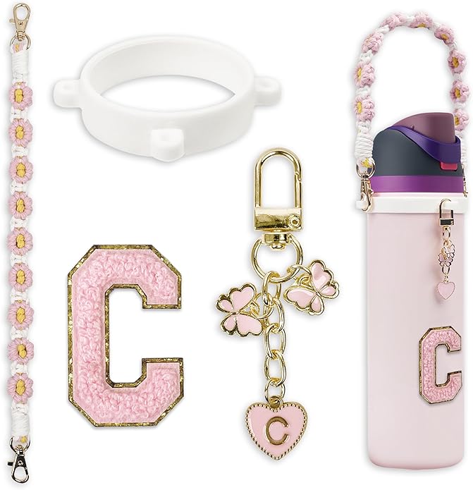 Compatible with Owala Water Bottle Accessories, Cute Letter Charm Set with Boho Handle Strap, Monogram Sticker, Silicone Ring, Keychain Decoration, for FreeSip 24 32 40oz, Owala Kids, Tumbler Gift SITKOL