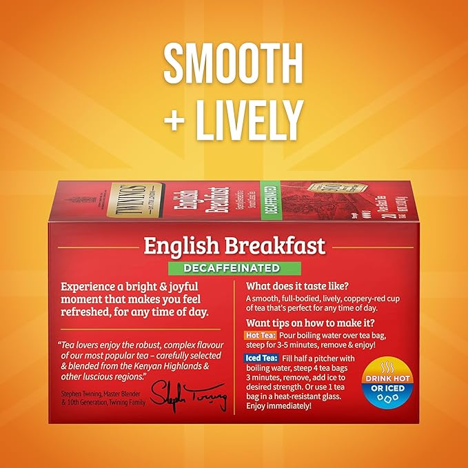 Twinings Decaffeinated English Breakfast Individually Wrapped Bags, 20 Count (Pack of 6), Flavourful & Robust, Enjoy Hot or Iced, 120 Teabags - Bloomnest