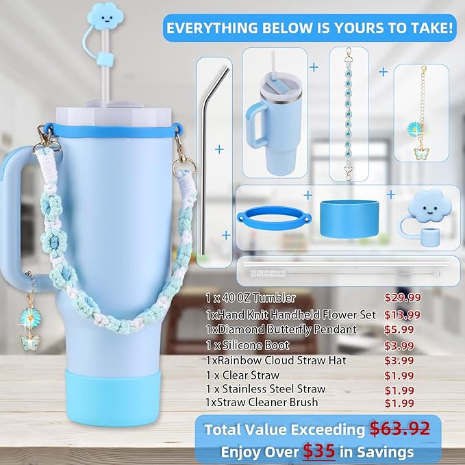 40 oz Tumbler Insulated Mug w/Straw & Flip Cap Lids - Cup Holder Bottle with 6 Accessories Set for Hot, Cold Drink - Leak-Proof - Water, Coffee Portable Travel Mug (Sky Blue) - Bloomnest