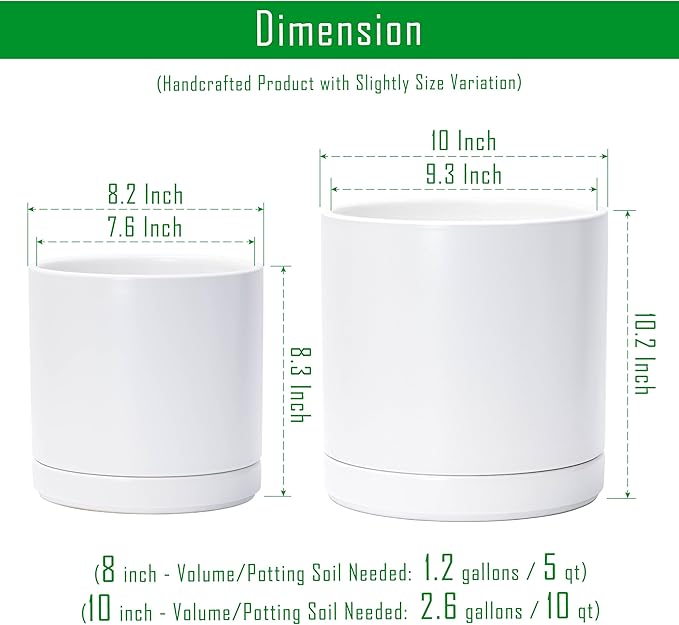 D'vine Dev 8.2 Inch & 10 Inch Ceramic Planter Pot for Plants with Drainage Hole and Saucer, Large Plant Pots Set, White, 94-G-L-1 - Bloomnest