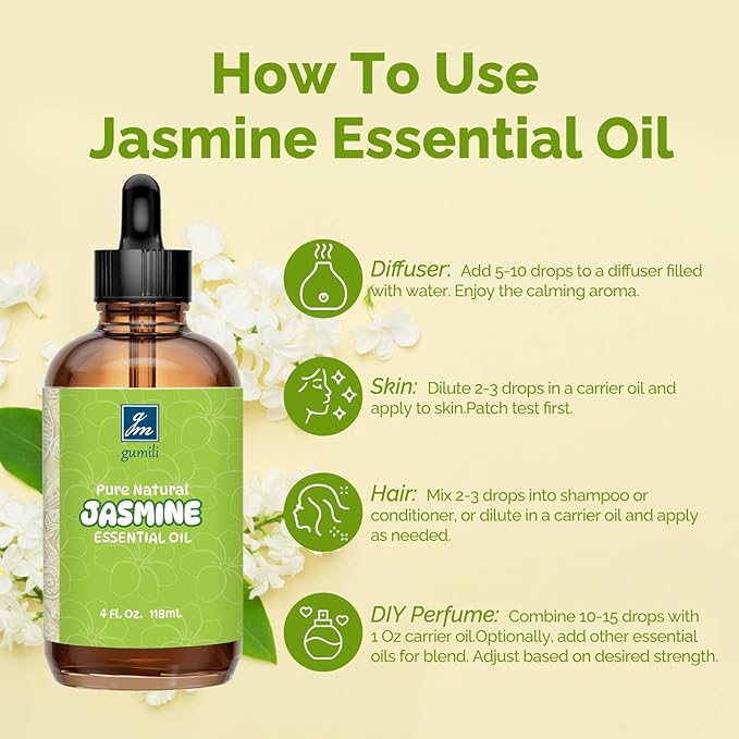 Jasmine Essential Oil 4 Oz, 100% Pure Jasmine Oil for Diffuser, Skin, Hair, Body & Face, Perfume, Floral Scent for Relaxation, Aromatherapy & Massage - Bloomnest