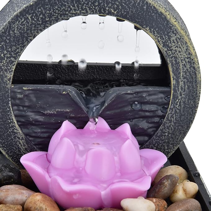 Tabletop Fountain, 3V 16.5x11.5x11.5cm Plastic Flower Tabletop Water Fountain, Home Decor with Stones LED Lights for Home Office Indoor Spaces Decor