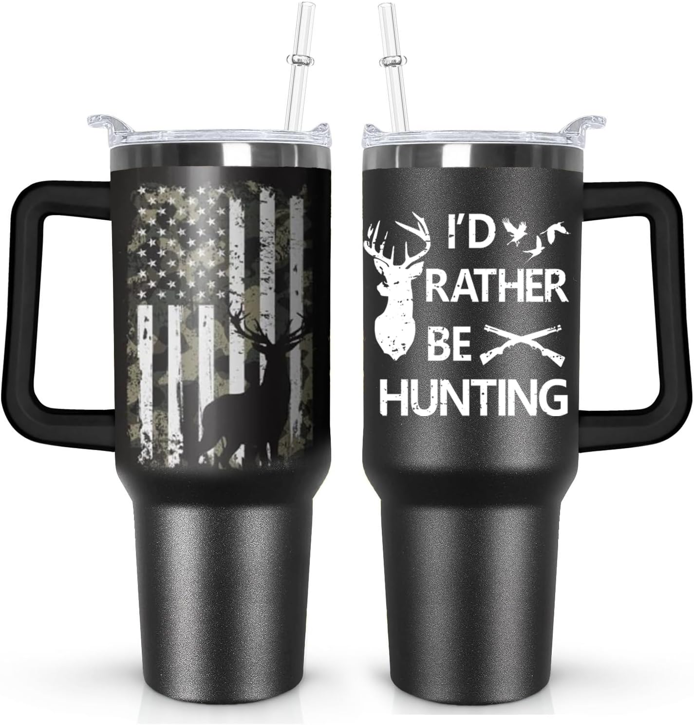 Ceovfoi Hunting Gifts for Men, 40 oz Deer Hunting American Flag Stainless Steel Tumbler with Handle Lid and Straw, Hunting Stuff Supplies Accessories