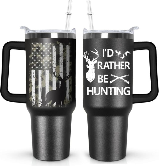 Ceovfoi Hunting Gifts for Men, 40 oz Deer Hunting American Flag Stainless Steel Tumbler with Handle Lid and Straw, Hunting Stuff Supplies Accessories