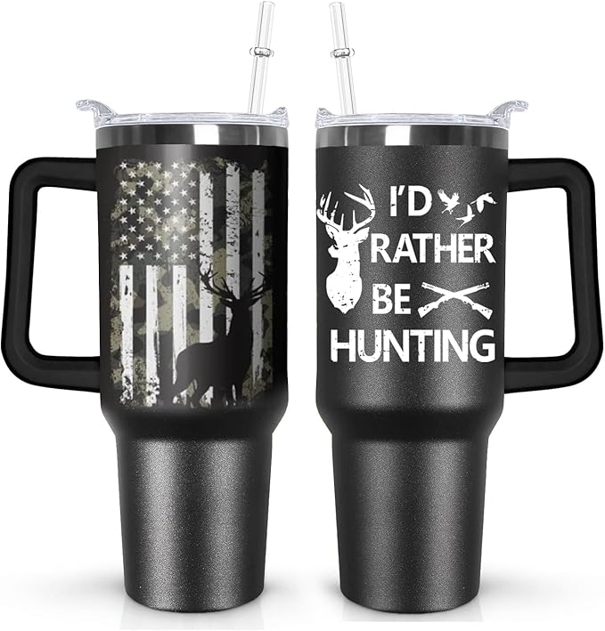 Ceovfoi Hunting Gifts for Men, 40 oz Deer Hunting American Flag Stainless Steel Tumbler with Handle Lid and Straw, Hunting Stuff Supplies Accessories - Bloomnest