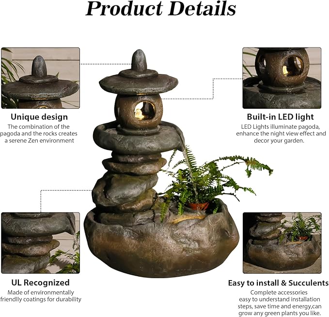 28" H Imitation Rock Pagoda Design Outdoor&Indoor Cascading Water Fountain, Natural Zen Decor Waterfall with LED Lights - Suitable for Garden/Patio/Yard/Deck/Balcony and Home Art Decor （Resin） - Bloomnest