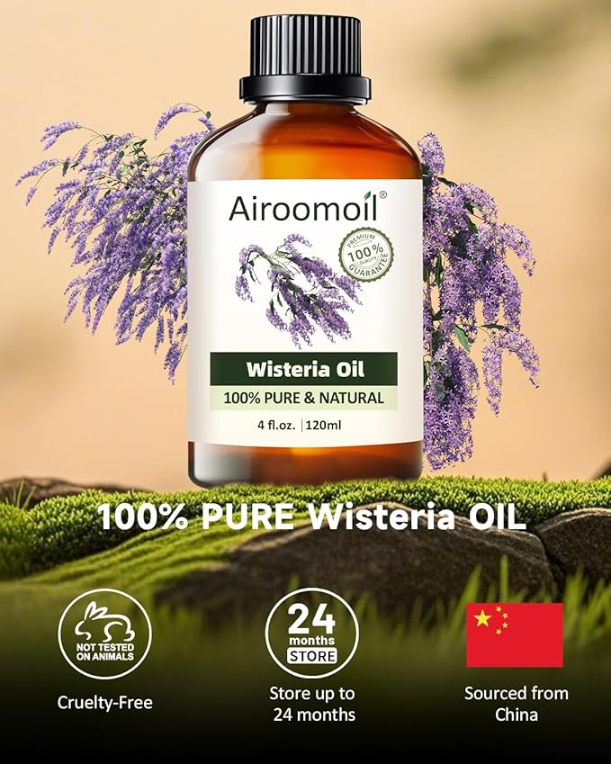 Wisteria Essential Oil 4 fl oz, 100% Pure Floral Oil for Diffusers and Home Use, Light Sweet Green Floral Aroma for Candle and Soap Making, DIY Projects, Massage Dilution, Natural Scent Airoomoil