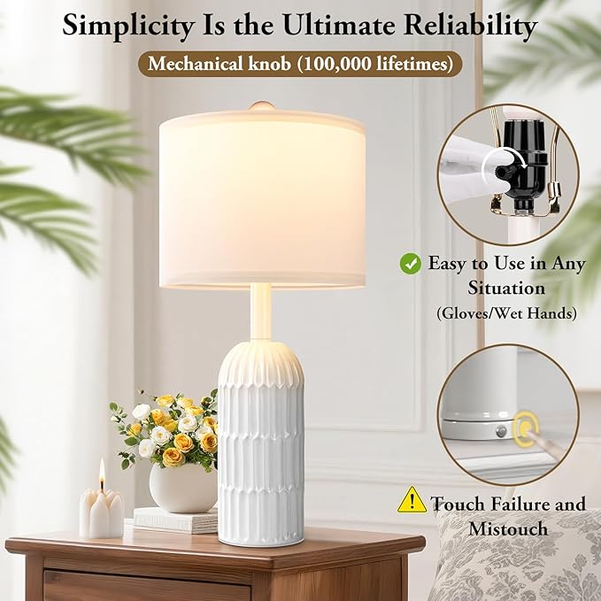 22.5" White Modern Table Lamps Set of 2 for Living Room Bedroom, Farmhouse Vintage Bedside Table Lamps with White Linen Shade, Rustic Bedroom Table Lamp for Nightstand Home Office End Table Dorm - Bloomnest