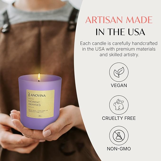 Anovina Nordic Berries Luxury Scented Candles | Exotic Nordic-Inspired Lingonberry, Rose & Musk Soy Blend Jar Candle | Hand Poured in USA | Highly Scented & Long Lasting - Bloomnest