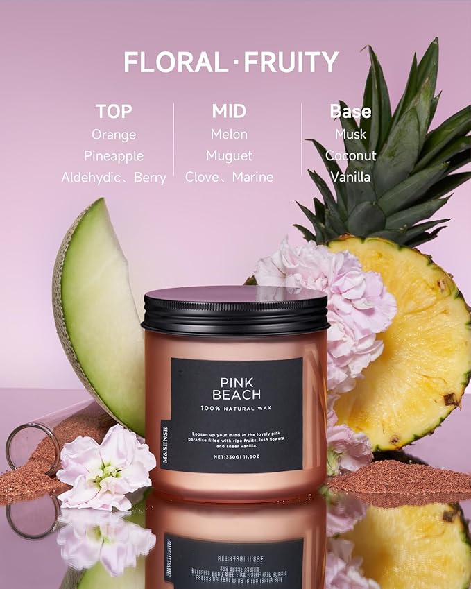 M&SENSE Pink Beach Sands Jar Candle, 11.6oz Pineapple & Coconut Scented Natural Soy Candles for Home Scented, 70 Hour Burn Time, Home Decor Gift for Women, Friends, Family, Colleagues, Couples - Bloomnest