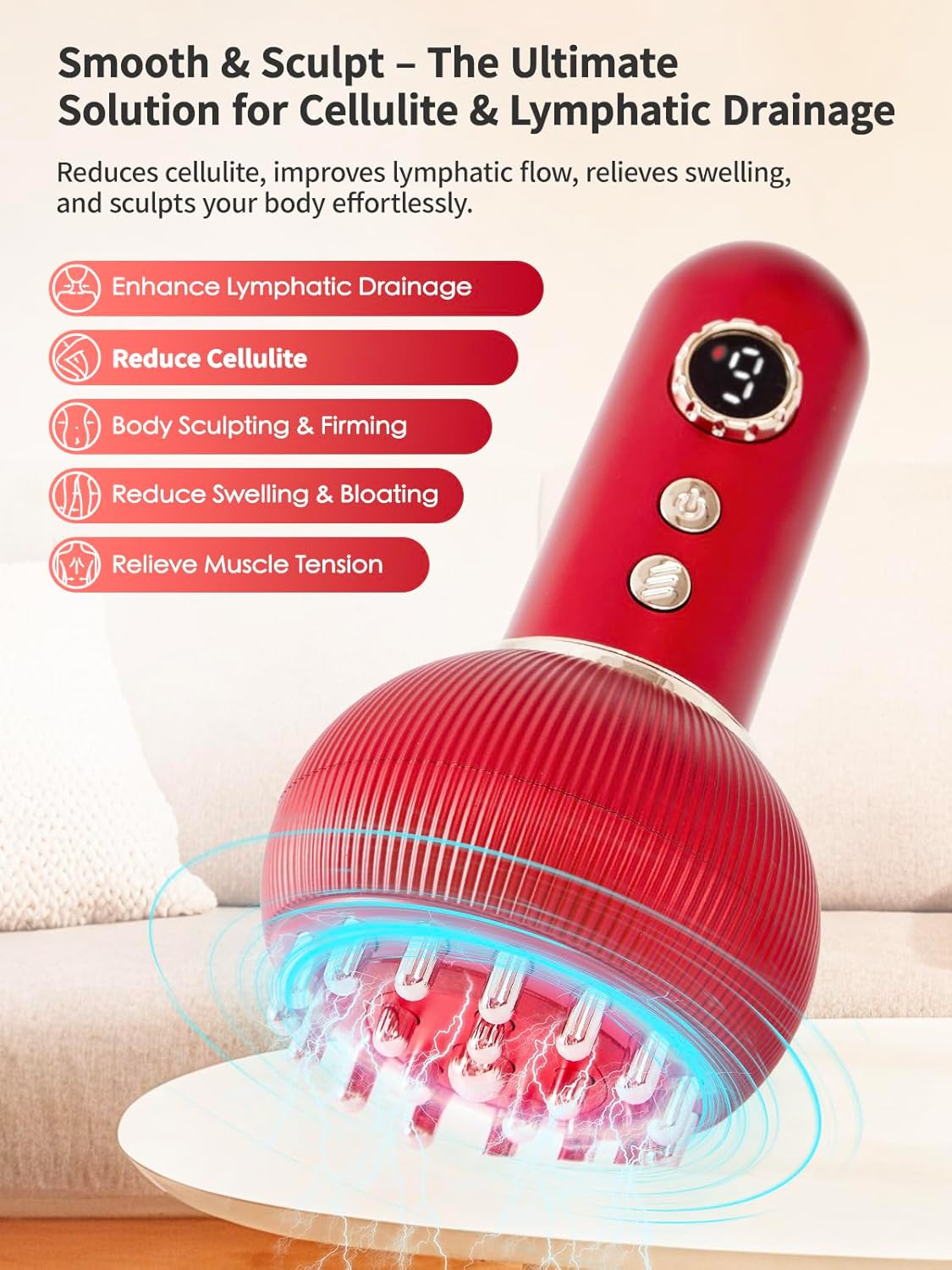 Lymphatic Drainage Massager & Anti Cellulite Massage Tool, Helps Reduce Stretch Marks & Cellulite, for Legs, Arms & Belly, Body Sculpting Machine with Microcurrent, Light, Heat & Vibration