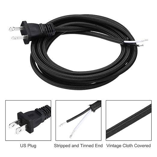uxcell 8Ft 18/2 Cloth Covered Lamp Cord with Plug, Vintage Electrical Lamp Cord with Stripped Ends for Extension Wiring DIY Repairing, Black - Bloomnest