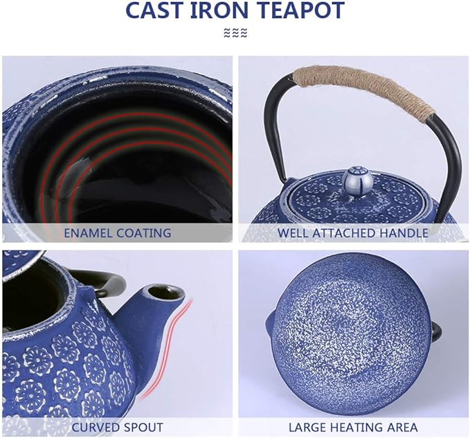 Ufine Blue Floral Cast Iron Teapot Set Japanese Style Tetsubin Tea Kettle with 4 Cups, Stainless Steel Infuser for Stove Top Tea Brewing 28 oz - Bloomnest