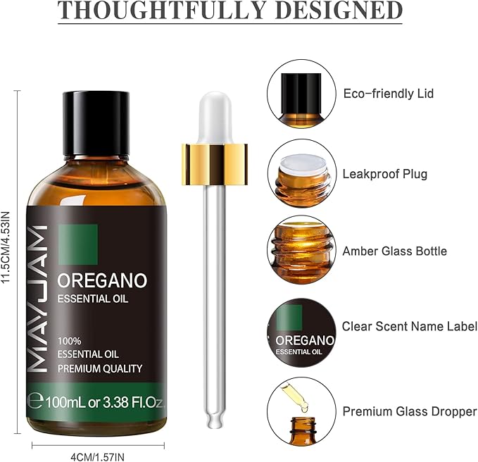 Oregano Essential Oil, MAYJAM Pure Essential Oils for Diffusers, 3.38FL.OZ/100ML Large Volume Oregano Oil with Premium Glass Dropper - Bloomnest