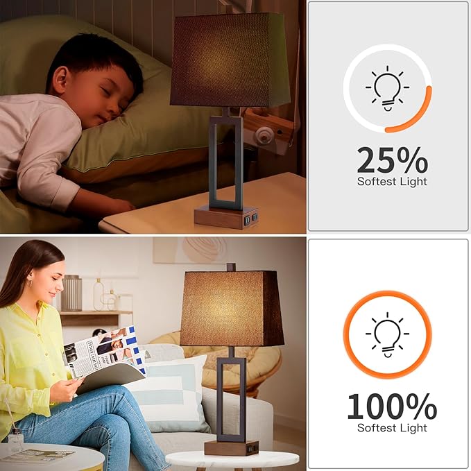 Touch Control Table Lamps Set of 2, Modern Bedside Lamps with 2 USB Charging Ports & AC Outlet, 3-Way Dimmable Wood Nightstand Lamp for Living Room Bedroom End Table Office Black(2 LED Bulbs Included) - Bloomnest