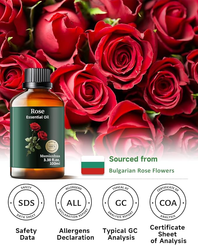 Pure Rose Essential Oil, Mumianhua Natural Rose Oil for Skin, Hair, Reed Diffuser, Air Purifier, Room Spray,Candle Making, Laundry, Relaxation, Evening Wellness, Romantic Atmosphere 3.38 Fl Oz - Bloomnest
