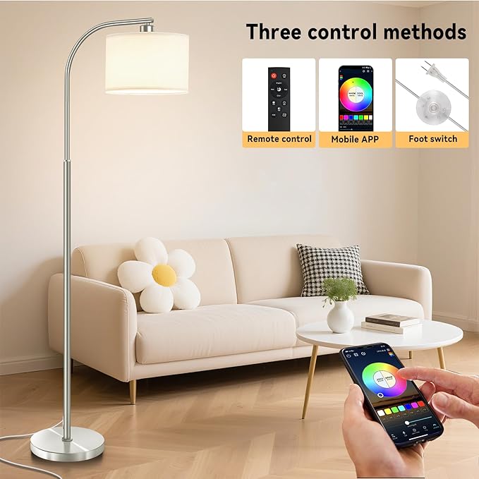 Floor Lamp for Living Room with Remote,Dimmable Standing Lamps,Modern Tall Floor Light with Smart RGB Bulb,App Control,3 Color Temperatures,Fabric Shades,Silver Floor Lamp for Bedroom Corner - Bloomnest