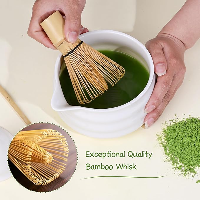 7 Pcs Matcha Whisk Set Macha Kit with Chawan Spout Bowl Bamboo Brush Chasen Holder Powder Starter Sifter Ceramic Japanese Making Matcha Tea Tool with Spoon and Tea Towel for Ceremony Gift (White) - Bloomnest