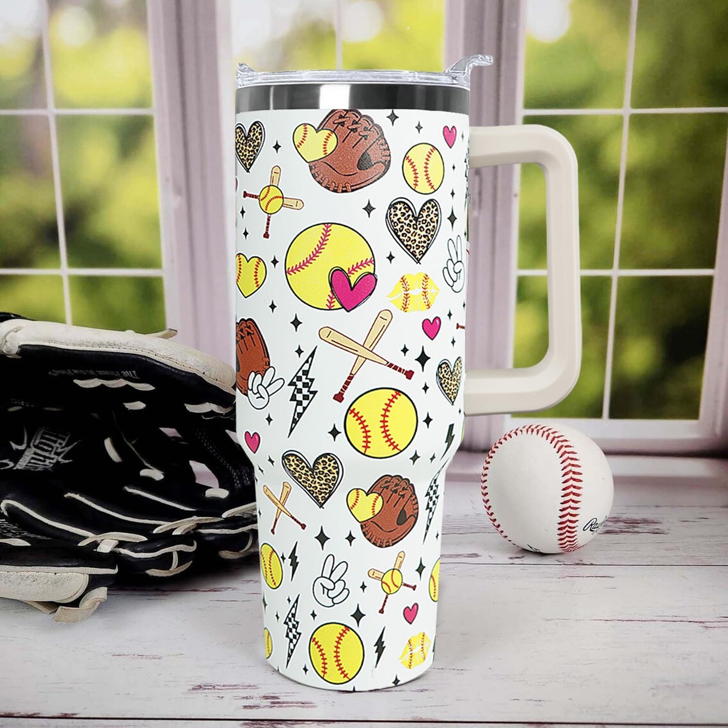 Ceovfoi 40 Oz Softball Tumbler With Handle,Softball Coffee Travel Mug Cup Water Bottle,Softball Decor,Softball Gifts for Women