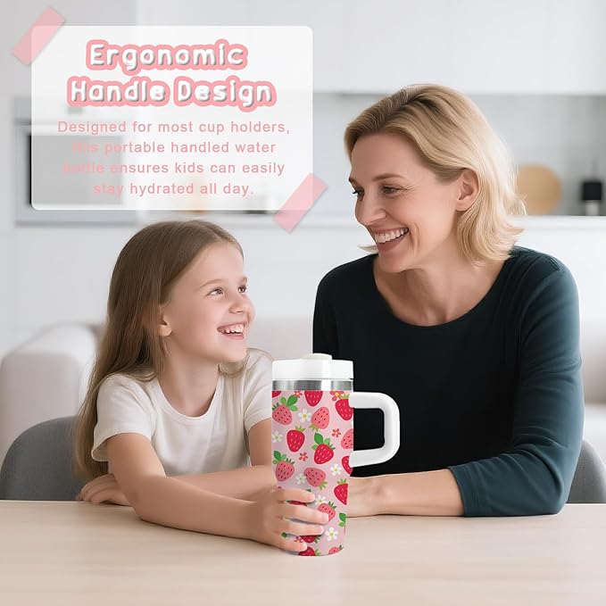 Strawberry Gifts for Girls - 14oz Pink Kids Strawberry Tumbler with Handle and Straw, Stainless Steel Insulated Water Cup, for School, Travel - Strawberries Themed Children Birthday Gift Cup(1pc) - Bloomnest