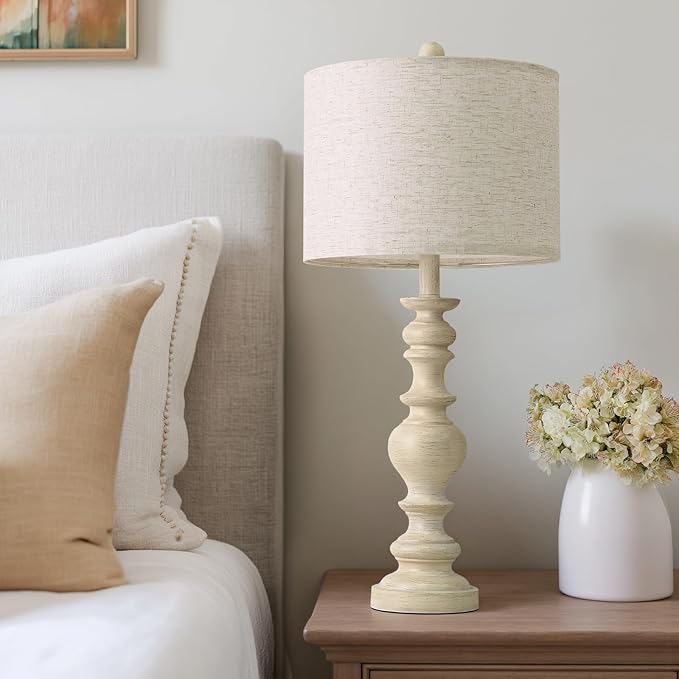 BOBOMOMO 27" Antique White Table Lamps Set of 2, Large Vintage Resin Lamps with Linen Shades, Farmhouse White Lamps for Bedroom, Living Room, or Console Table Elegant Home Décor - Bloomnest