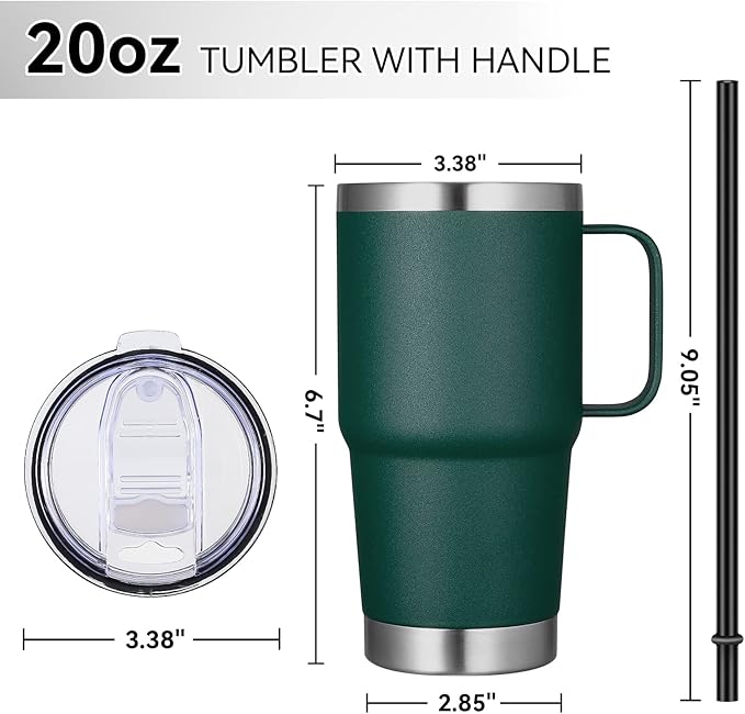 VEGOND 20 oz Tumbler Bulk with Handle Lid and Straw, Stainless Steel Insulated Travel Coffee Mug Set, Spill Proof Double Wall Metal Tumblers Cups, Dark Green 6 Pack - Bloomnest