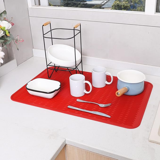 Silicone Dish Drying Mat for Multiple Usage,Easy clean,Eco-friendly,Heat-resistant Silicone Mat for Kitchen Counter or Sink,Refrigerator or Drawer Liner Red 3XL 28 inches x 18 inches - Bloomnest