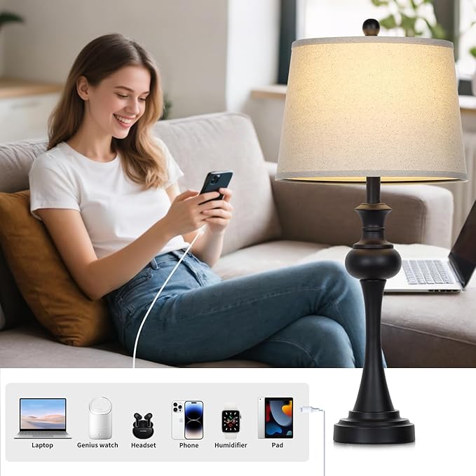 28.75" Black Modern Table Lamps for Living Room, Bedside Lamp with USB A+C Ports & AC Outlets, 3 Way Dimmable Touch Lamps for Living Room,Nightstand Lamp LED Bulb Included (1Pack - Bloomnest