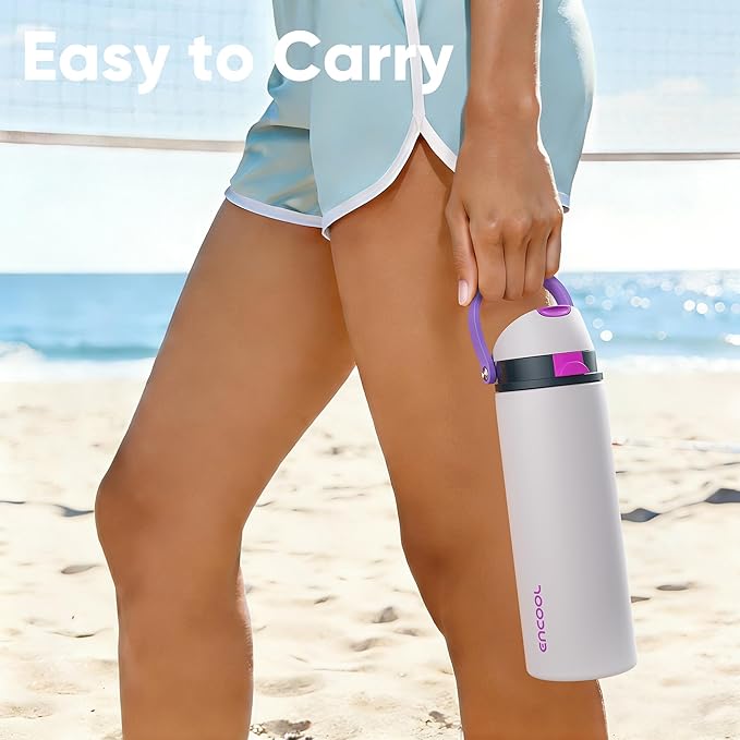 Insulated Water Bottle with Straw - Encool Stainless Steel Water Bottle with Push Button Lid, Leak-Proof & BPA-Free, Keeps Cold for 24 Hours for Sports, Travel, Gym (24 oz, Oyster Pink) ENCOOL