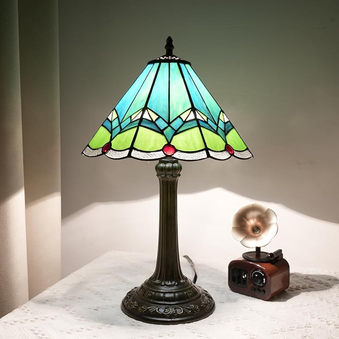 Green Tiffany Lamp Retro Rural Style Farmhouse Teal Bedroom Bedside Reading Light Living Room Hotel Bar Home Decor 12x19 Inch E26 Nightstand Unique Colored Bronze Metal Base Stainred Glass Table Lamp - Bloomnest
