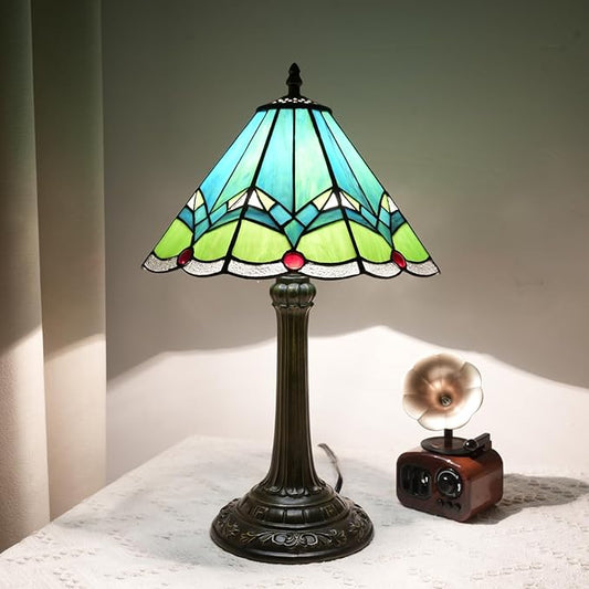 Green Tiffany Lamp Retro Rural Style Farmhouse Teal Bedroom Bedside Reading Light Living Room Hotel Bar Home Decor 12x19 Inch E26 Nightstand Unique Colored Bronze Metal Base Stainred Glass Table Lamp - Bloomnest