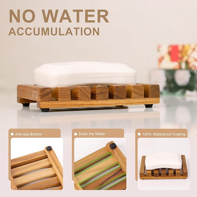 2PCS Slotted Bar Soap Holder Teak Wood by HTB, Kitchen Wooden Sponge Holder, Self Draining Soap Dish for Shower, Sink, Bathroom, Bathtub, RV - Bloomnest