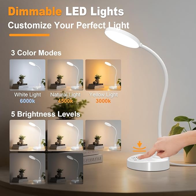 15W LED Desk Lamp with USB Charging Ports – Dimmable Table Lamp with 3 Color Temps, 5 Brightness, 4 Timers, Flexible Gooseneck Light with Base, Eye-Caring Reading Light for Home Office, Bedroom, Study - Bloomnest