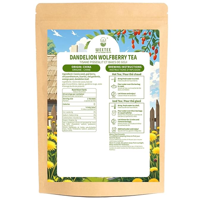 WT WEETEE Dandelion Wolfberry Tea, 10g * 20 Count Corn Firbe Tea Bags, Multiple Brewing, Made from Goji Berry Chrysanthemum Cassia Seed 7 Natural Herbal Ingredients, Wolfberry & Dandelion Herbal Tea - Bloomnest
