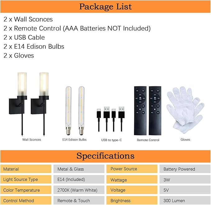 Battery Operated Wall Sconce Set of Two with Remote, Black Rechargeable Wireless Wall Lights, Sconces Wall Decor Set of 2 Dimmable 2700K Battery Powered Sconce for Bathroom Living Room Hallway - Bloomnest