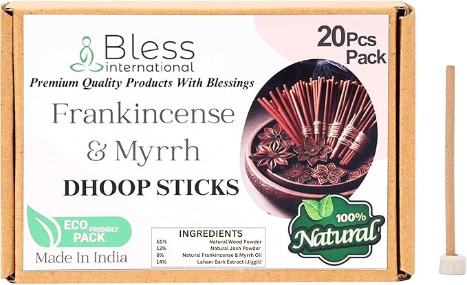 Bless-International Frankincense-and-Myrrh-100%-Natural-Incense-Bambooless-Dhoop-Sticks Handmade-Organic-Chemicals-Free for-Relaxation-Positivity-Yoga-Meditation The-Best-scents-4.5-Inches-20-Sticks BlessInternational