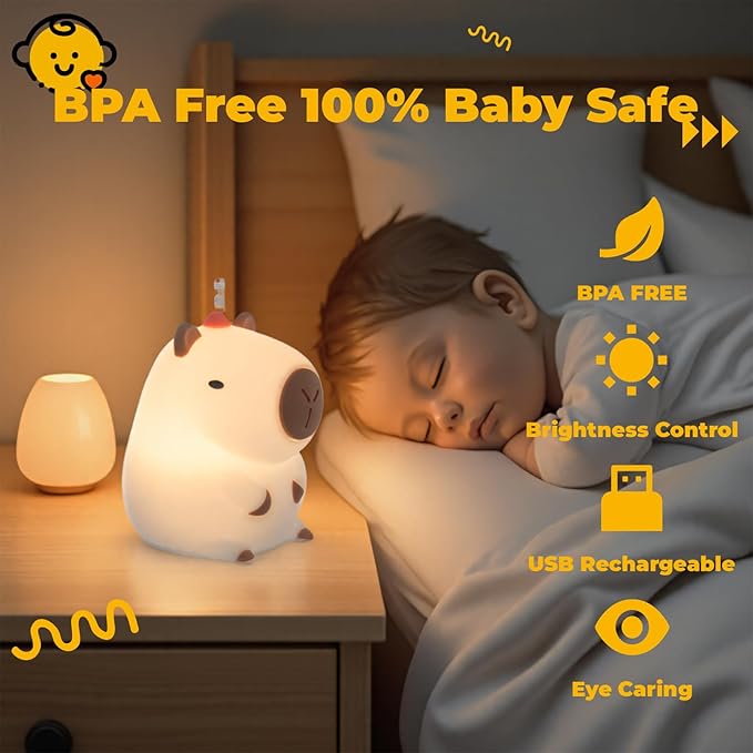 LED Squishy Animal Night Light - 2 Level Dimmable Nursery Lamp for Kids, Rechargeable Touch Lamp, Cute Dorm Decor - Perfect Baby Boys Girls Gift (Kapibala) - Bloomnest