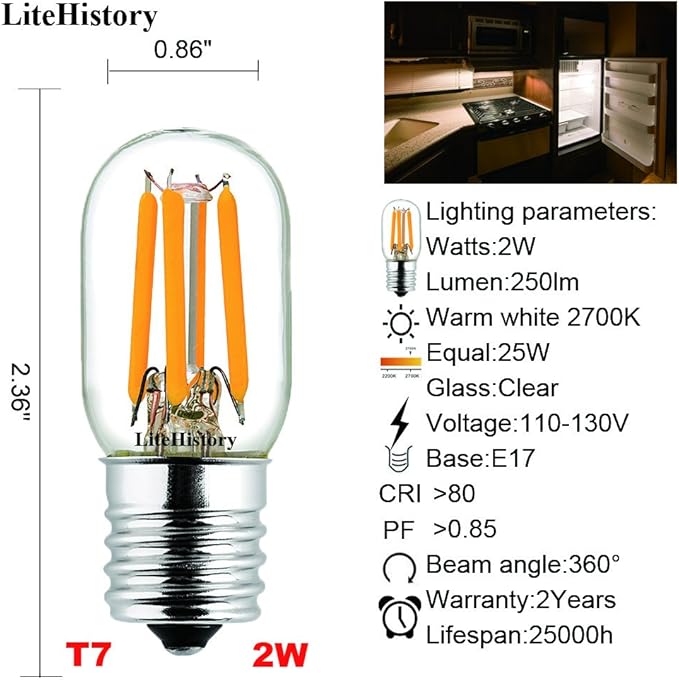 LiteHistory E17 led Bulb ETL 25w Appliance t7 led Bulb 250lm 2700K 2w Microwave Light Bulb 2Pack - Bloomnest