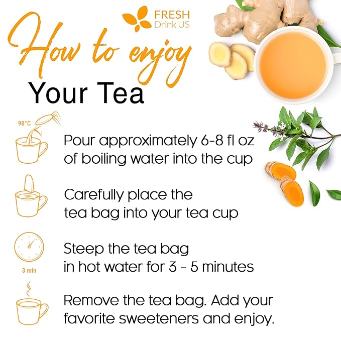 FreshDrinkUS, Premium 75 Tulsi Turmeric Ginger Tea Bags, 100% Natural & Pure from Tulsi Holy Basil Leaves, Turmeric and Ginger. Made with Natural Material Tea Bags. No Sugar, No Caffeine, Vegan. - Bloomnest