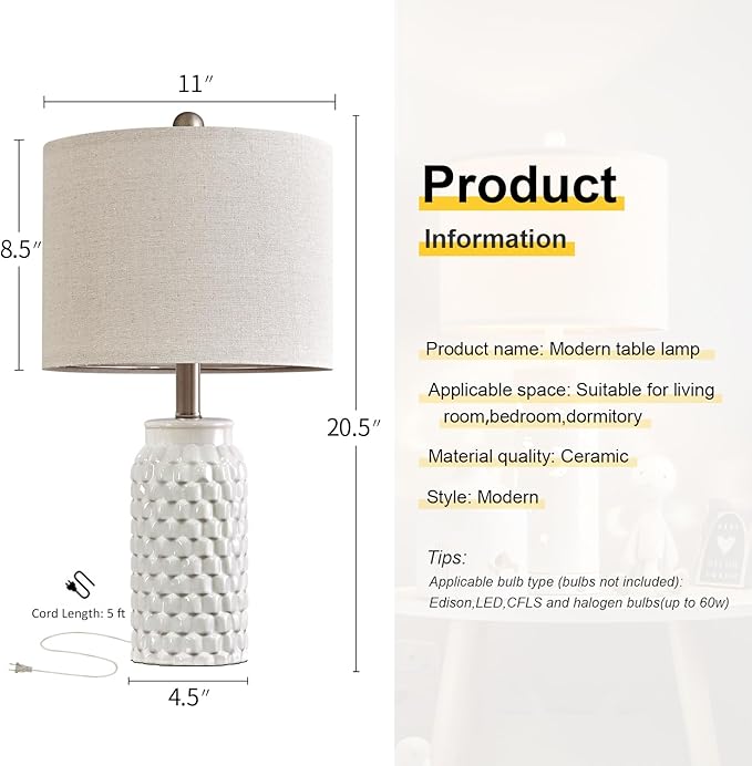 20.5" White Modern Ceramic Bedside Lamp Set of 2 for Bedroom Decor Farmhouse Table Lamp for Living Room Office Dorm - Bloomnest
