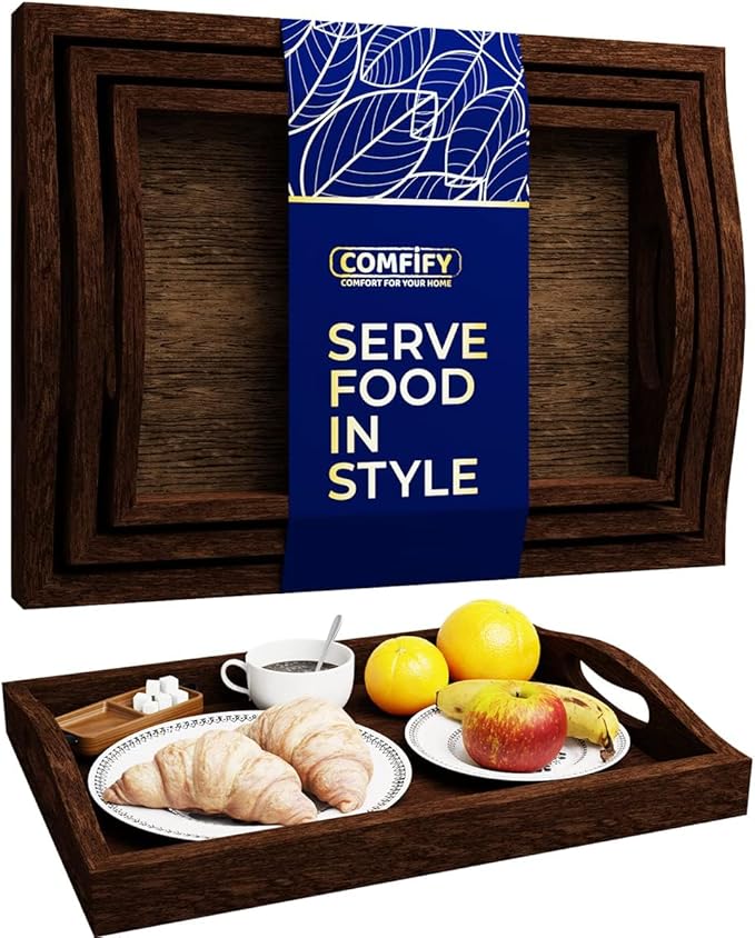Comfify Serving Trays Set of 3 - Ottoman Wood Trays for Entertainment, Food and Decor - Rustic Farmhouse Distressed Wood Finish - Brown - Bloomnest