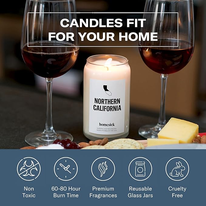 Homesick Scented Candles for Home (California Norcal) - 13.75 oz Long-Lasting Soy Wax Jar Candle for Women & Men for All Occasions, 60-80 Hours Burn Time - Notes of Pear, Vanilla & Amber - Bloomnest
