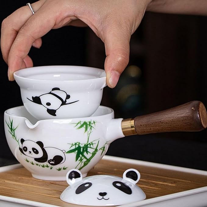 Ceramic Portable Travel Tea Set, Chinese Kungfu Tea Set with 360 Rotation Teapot and Infuser, 4 Tea Cups, Tea Tray And Travel Bag (Panda)