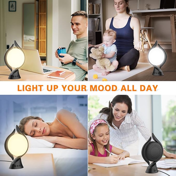 Voraiya Light Therapy Lamp 10000 Lux, UV-Free Therapy Light with 5 Brightness, 3 Color Temperature, 4 Timer, Memory Function, Full Spectrum, Bright Seasonal Sun Light Lamp for Bedroom, Office (Black) - Bloomnest