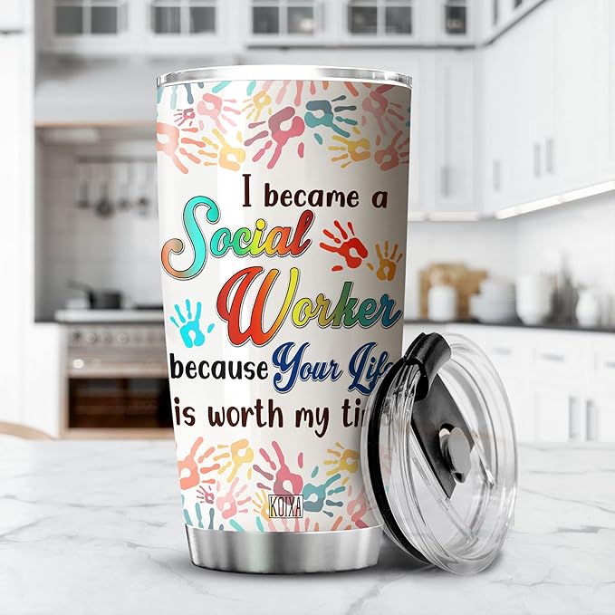 I Became A Social Worker Because Your Life Is Worth My Time Stainless Steel Tumbler With Lid Social Worker Gifts For Women Insulated Travel Cup MSW LCSW Gift For Birthday - Bloomnest