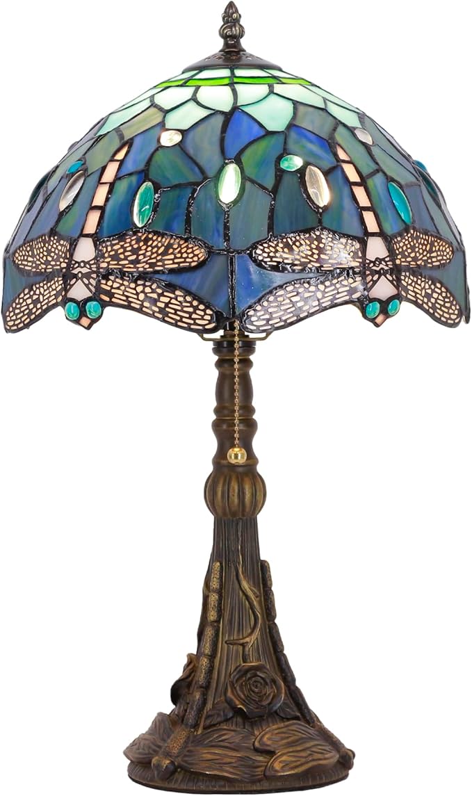 Tiffany Stained Glass Table Lamp 12X12X19 Inch Blue Dragonfly Style Desk Bedroom Living Room Reading Light (Blue Dragonfly) - Bloomnest