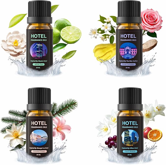 Premium Hotel Fragrance Essential Oil Collection, 4-Piece Luxury Scent Set, White Tea, Floral Complex, Oriental Floral and Fresh Breeze, 4 * 20 ML - Bloomnest